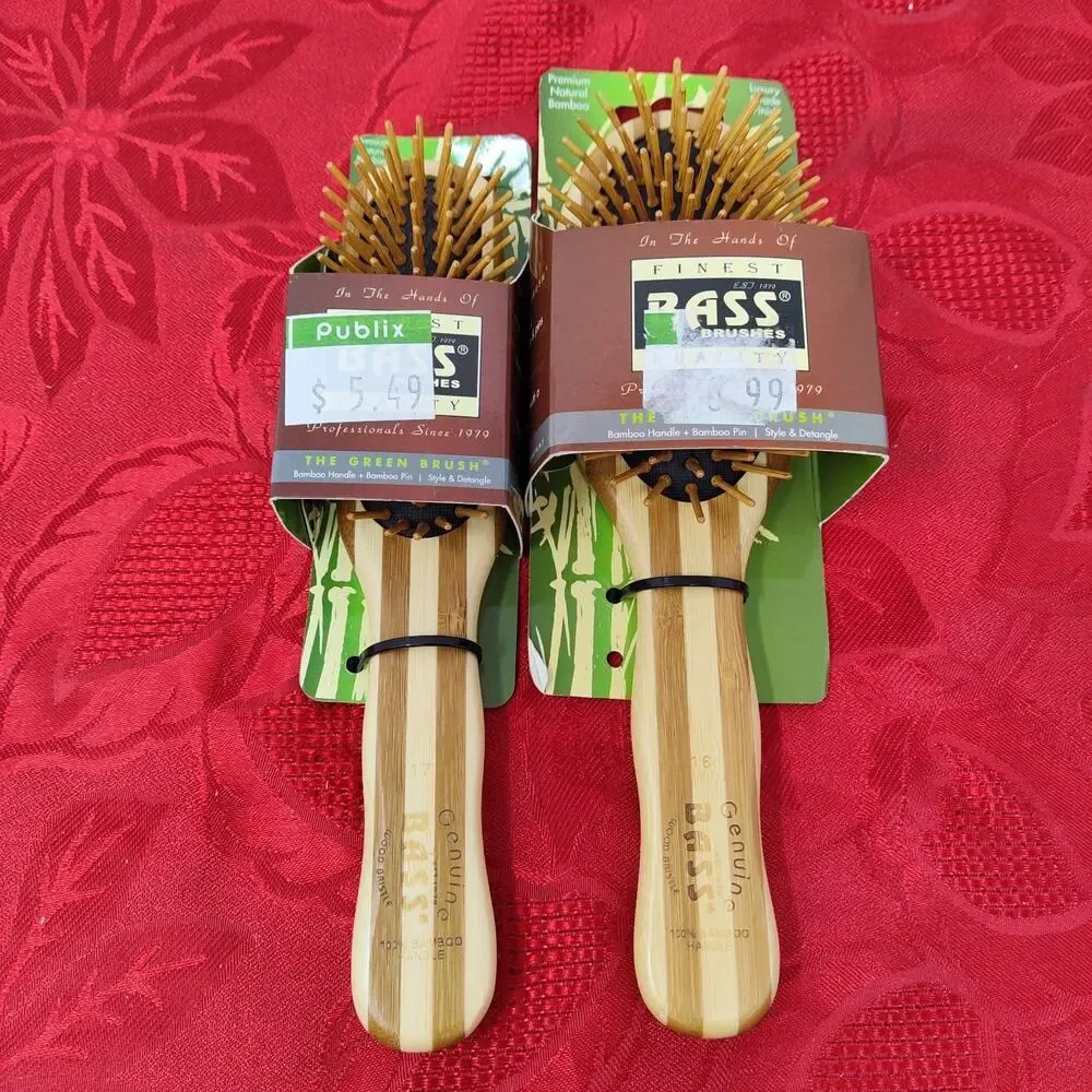 2X Lg & Sm Bass Brushes | The Green Brush Bamboo Pin + Bamboo Handle Hair Brush - Picture 1 of 6